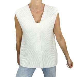 Minimalist hand knit open front white boxy grandma cardigan sweater vest